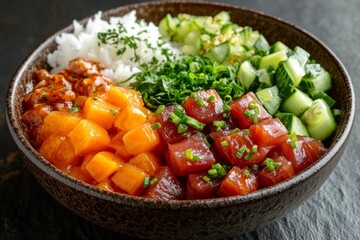 Healthy bowl of colorful fresh salad with rice and vegetables