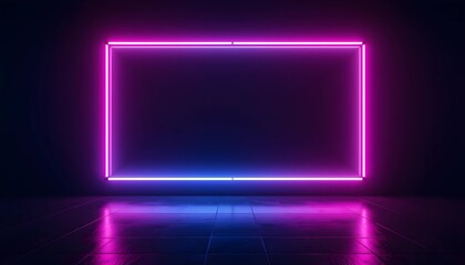 Futuristic Neon Rectangular Frame with Blue and Pink Gradient Glow, Reflecting on a Glossy Surface Against a Minimalist Black Background, Perfect for Modern Tech and Sci-Fi Aesthetics 