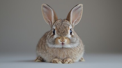 Obraz premium Close-up of a cute, fluffy rabbit with large ears and expressive eyes, showcasing its soft fur and curious demeanor in neutral lighting