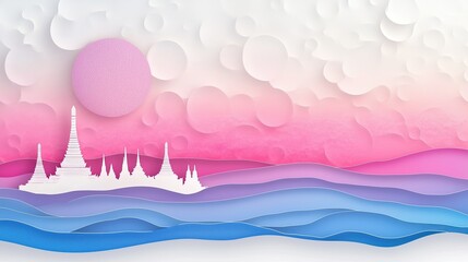 Charming paper cut-out of Wat Arun, the Temple of Dawn, A vibrant paper art depiction of the Floating Market in Thailand