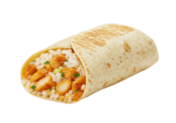 Burrito with chicken and rice isolated on white background