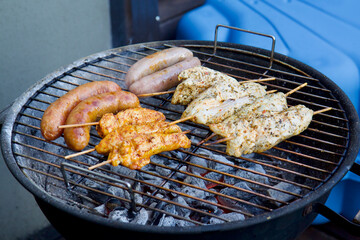BBQ, barbecue, meat, shashlik, grilled sausages