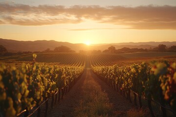 Fototapeta premium Sunset over a vineyard with warm golden light