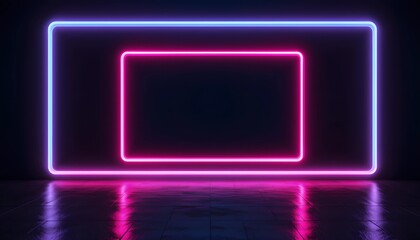 Futuristic Neon Rectangular Frame with Blue and Pink Gradient Glow, Reflecting on a Glossy Surface Against a Minimalist Black Background, Perfect for Modern Tech and Sci-Fi Aesthetics 