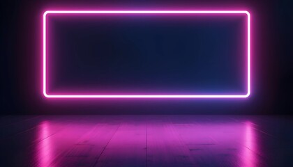 Futuristic Neon Rectangular Frame with Blue and Pink Gradient Glow, Reflecting on a Glossy Surface Against a Minimalist Black Background, Perfect for Modern Tech and Sci-Fi Aesthetics 