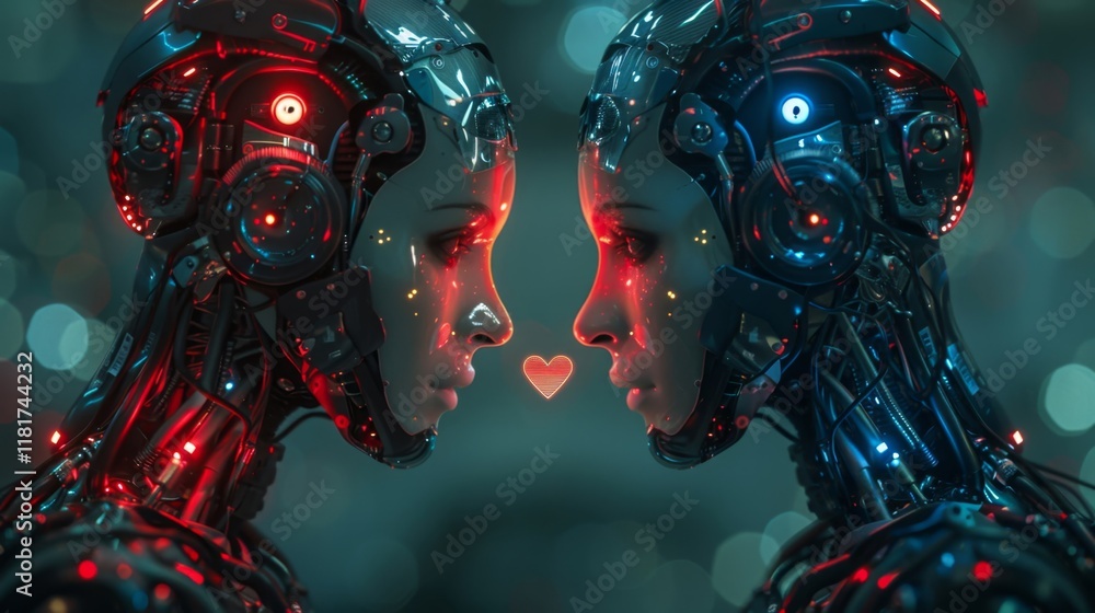 Poster Two identical humanoid robots stand facing one another in a vibrant, futuristic environment. Their glowing eyes and intricate designs create an atmosphere of enhanced intelligence and emotion.