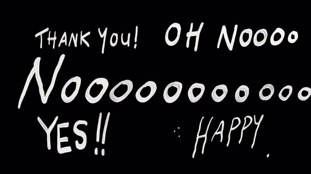 Set of writing effects hand drawn wording, No, yes, oh no, thank you, happy, brush stroke animation doodle texture on a transparent background, alpha channel