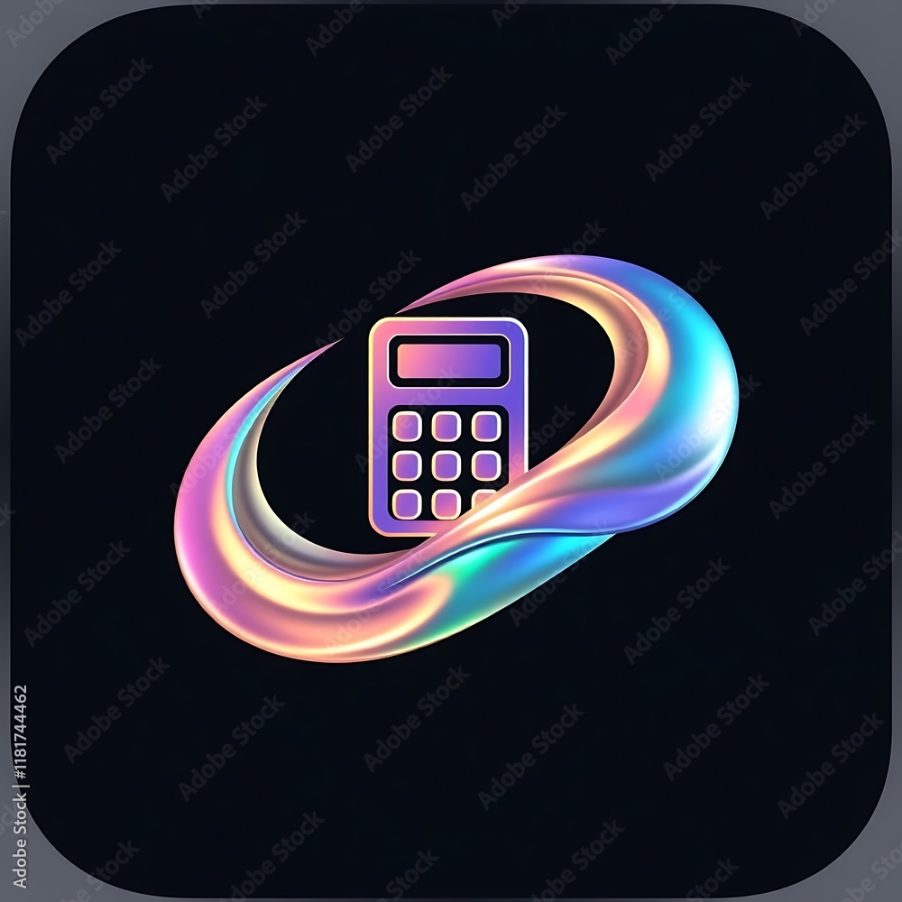 Poster calculator app icon: a futuristic and abstract calculator icon with a holographic, iridescent design