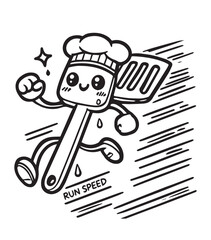 Coloring book spatula chef running at top speed, ready to cook up a delicious meal! Perfect for children's coloring pages