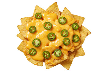 Nachos with melted cheese and jalapenos isolated on white background
