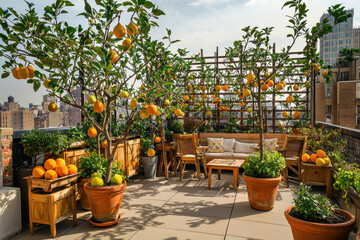 Obraz premium Rooftop Terrace with Fruit Trees and Seating
