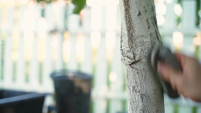 Cleaning a young fruit tree from last year's whitewash with a brush. Getting rid of old whitewash on a tree trunk, close-up on a blurred background