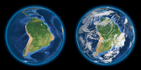 our planet earth 3d render high detailed with and without clouds, south america
