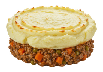 Shepherds pie with golden mashed potato topping isolated on white background