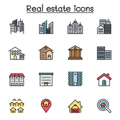 Real estate, building icon set in thin line style