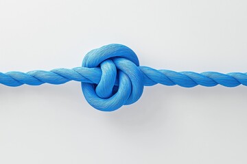 A bright blue rope tied into a strong knot against a white background symbolizing unity and strength