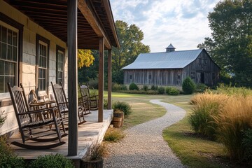 A traditional farmhouse with a wide porch, wooden rocking chairs, and a gravel path leading to a weathered barn