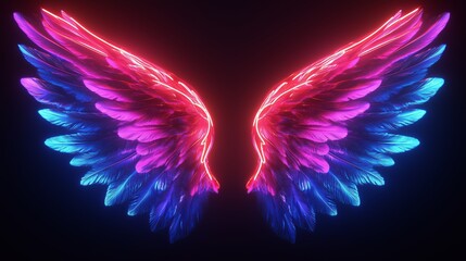 Neon pink and neon blue glowing angel wings on a black background