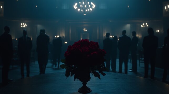 Dark Room Gathering, Red Roses Centerpiece, Men in Suits