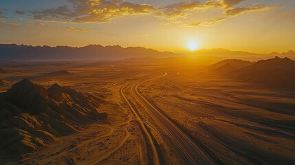 Aerial view of a Yadan landform with a setting sun and twilight