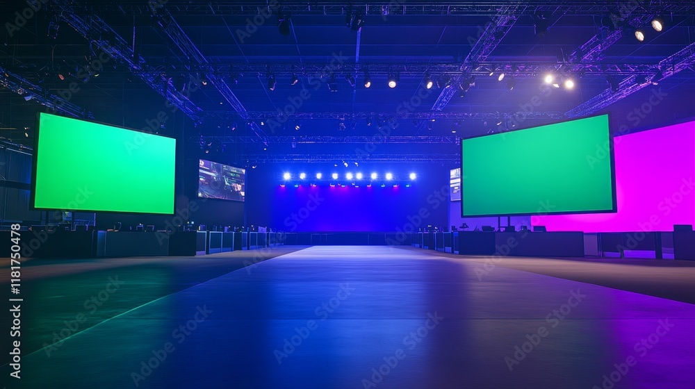 Poster a spacious event venue with large screens and stage lighting, ready for a presentation or performanc