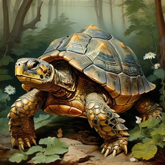 Fototapeta premium the AI Image Generator, Illustrated Turtle in Natural Forest Setting w