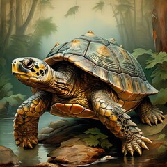 Naklejka premium the AI Image Generator, Illustrated Turtle in Natural Forest Setting w