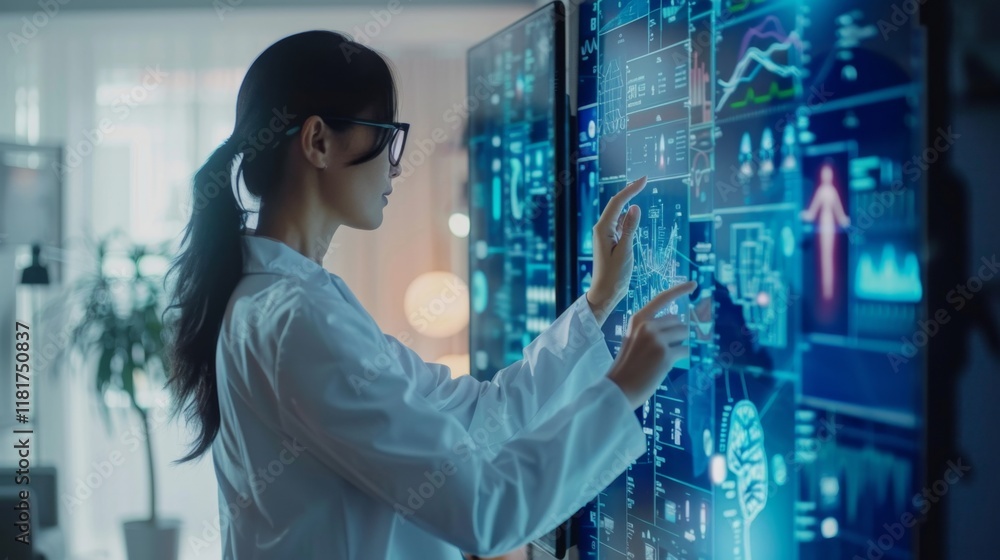 Poster A skilled scientist wearing a lab coat interacts with a high-tech digital display filled with complex data and graphics. The laboratory is well-lit and equipped with advanced technology.