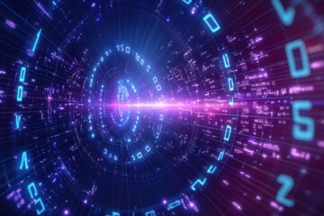 Obraz premium A vibrant visualization of data streams, featuring binary numbers and neon light patterns in a tunnel-like design. Represents technology, information transfer, and digital innovation. 