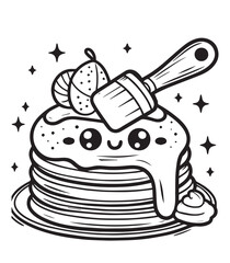Coloring book stack of pancakes with a happy face being decorated with syrup and strawberries