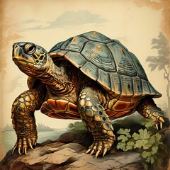 Obraz premium the AI Image Generator, Illustrated Turtle in Natural Forest Setting w