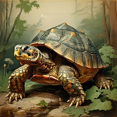 Fototapeta premium the AI Image Generator, Illustrated Turtle in Natural Forest Setting w