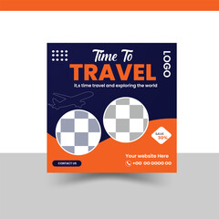 Travel agency social media post template. Vacation planner and tour management agency banner.