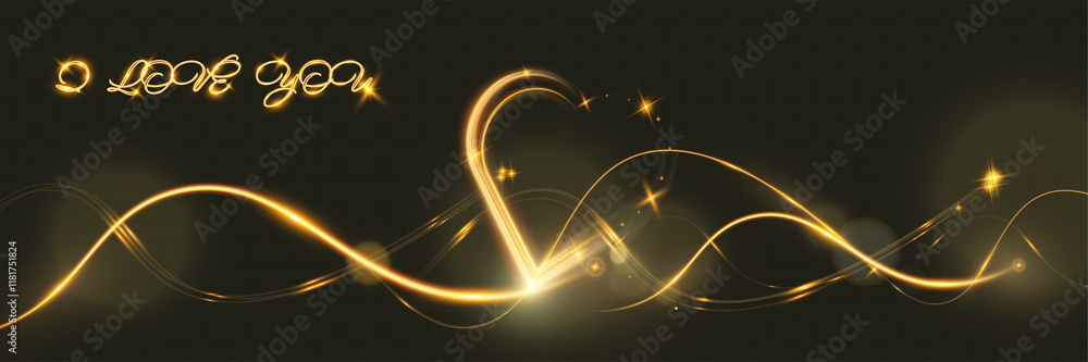 Poster golden glowing light trail forming a heart shape with sparkles and smooth curves on dark background,