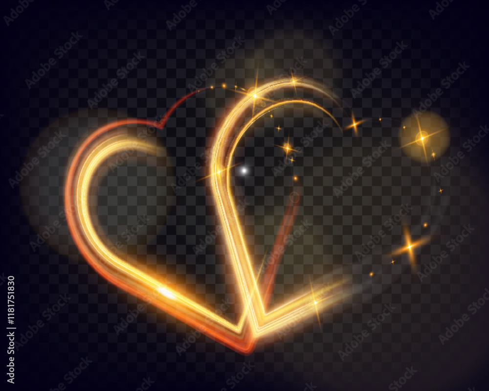 Poster golden glowing light trail forming a heart shape with sparkles and smooth curves on dark background,