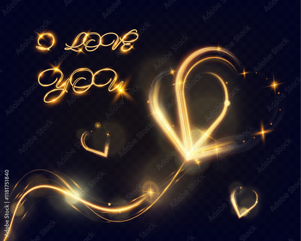 Poster golden glowing light trail forming a heart shape with sparkles and smooth curves on dark background,