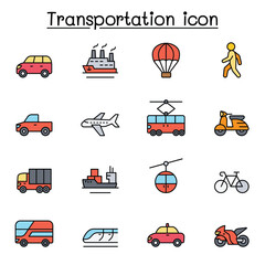 Set of Transportation related vector line icons. contains such Icons as airplane, bus, truck, lorry, scooter, motorcycle, walking, bicycle, taxi, train, cruise and more.