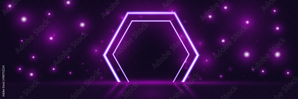 Poster futuristic minimal purple neon light hexagon frame background template with glowing lines on dark tr