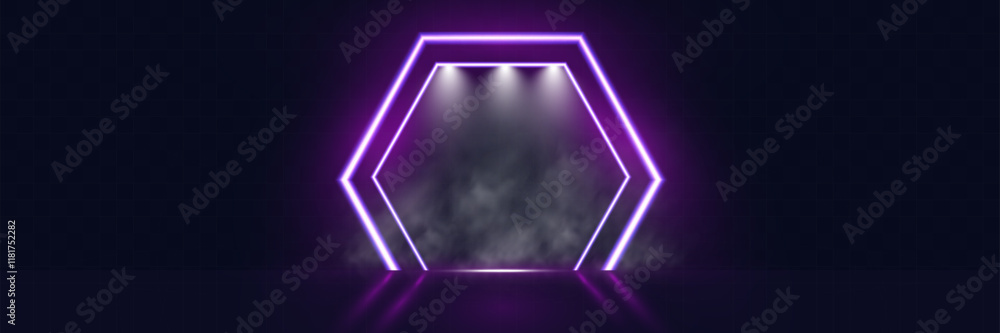 Poster futuristic minimal purple neon light hexagon frame background template with glowing lines on dark tr