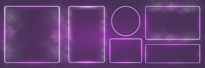 Neon smoke banner vector collection featuring glowing purple neon shapes including hexagon, rectangle, triangle, circle, heart, and other frames on dark transparent background.	
