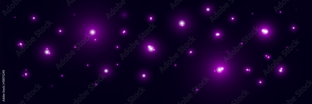 Poster purple glowing light sparks on a dark background, creating an abstract, luminous and atmospheric des