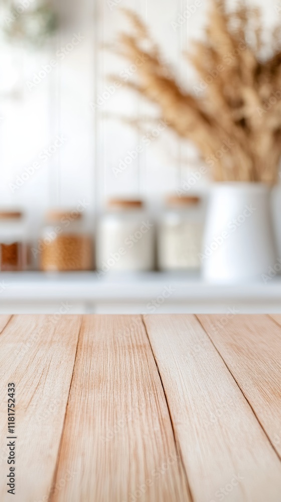 Fototapete empty wooden table with a blurred kitchen background featuring jars of ingredients and dried flowers