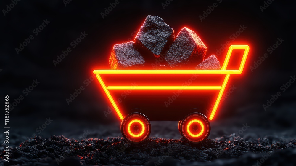 Poster neon cart with rocks glowing in dark environment for mining theme