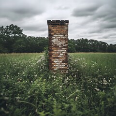 Weathered brick chimney in overgrown field.