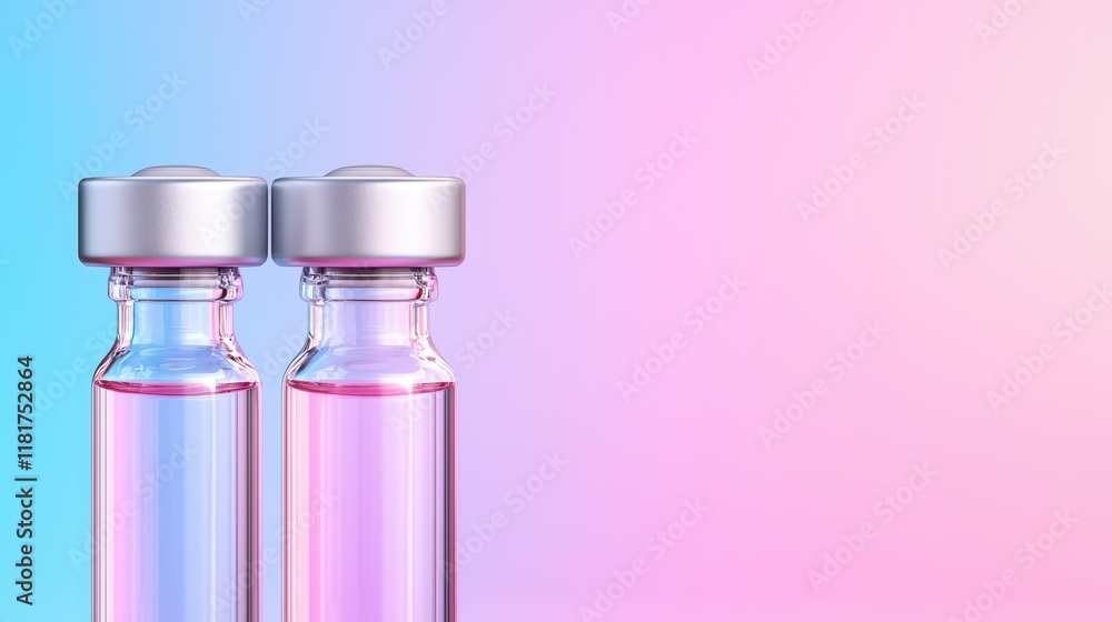 Poster glass vials with liquid on gradient background in soft colors