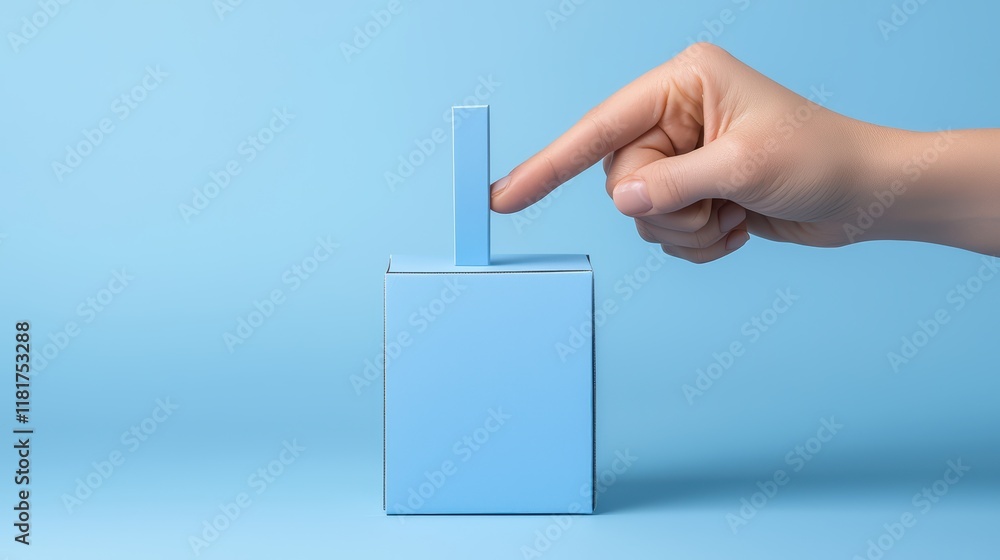 Poster hand inserting object into light blue box on soft blue background