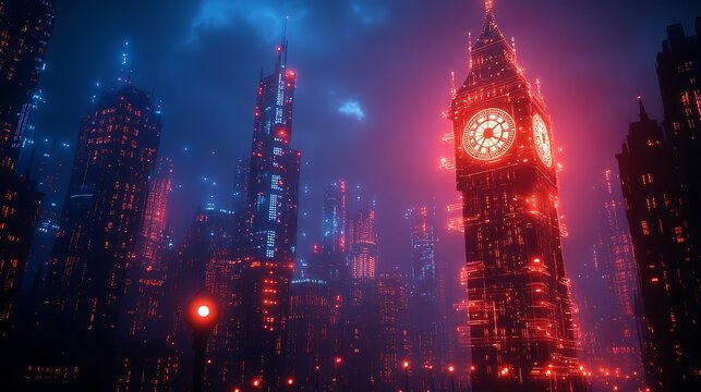 Neon Lit Cityscape Featuring Futuristic Big Ben