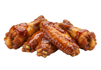Chicken wings with barbecue sauce isolated on white background, front view, no depth of field, sharp.