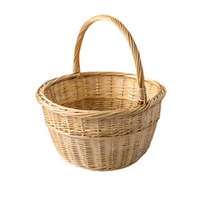 Empty light brown woven wicker basket with handle