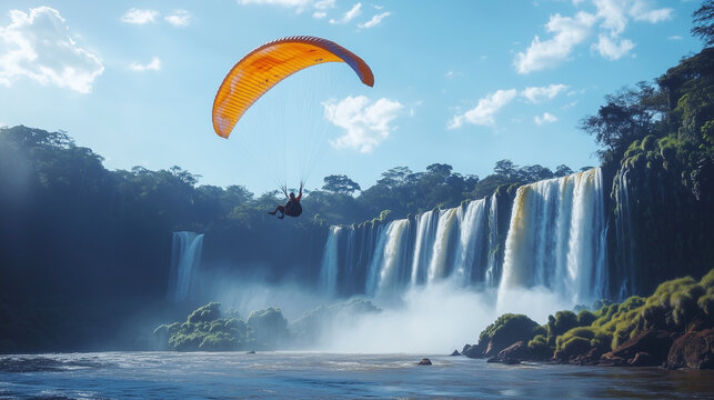 a man flying on a parapent in front of falls